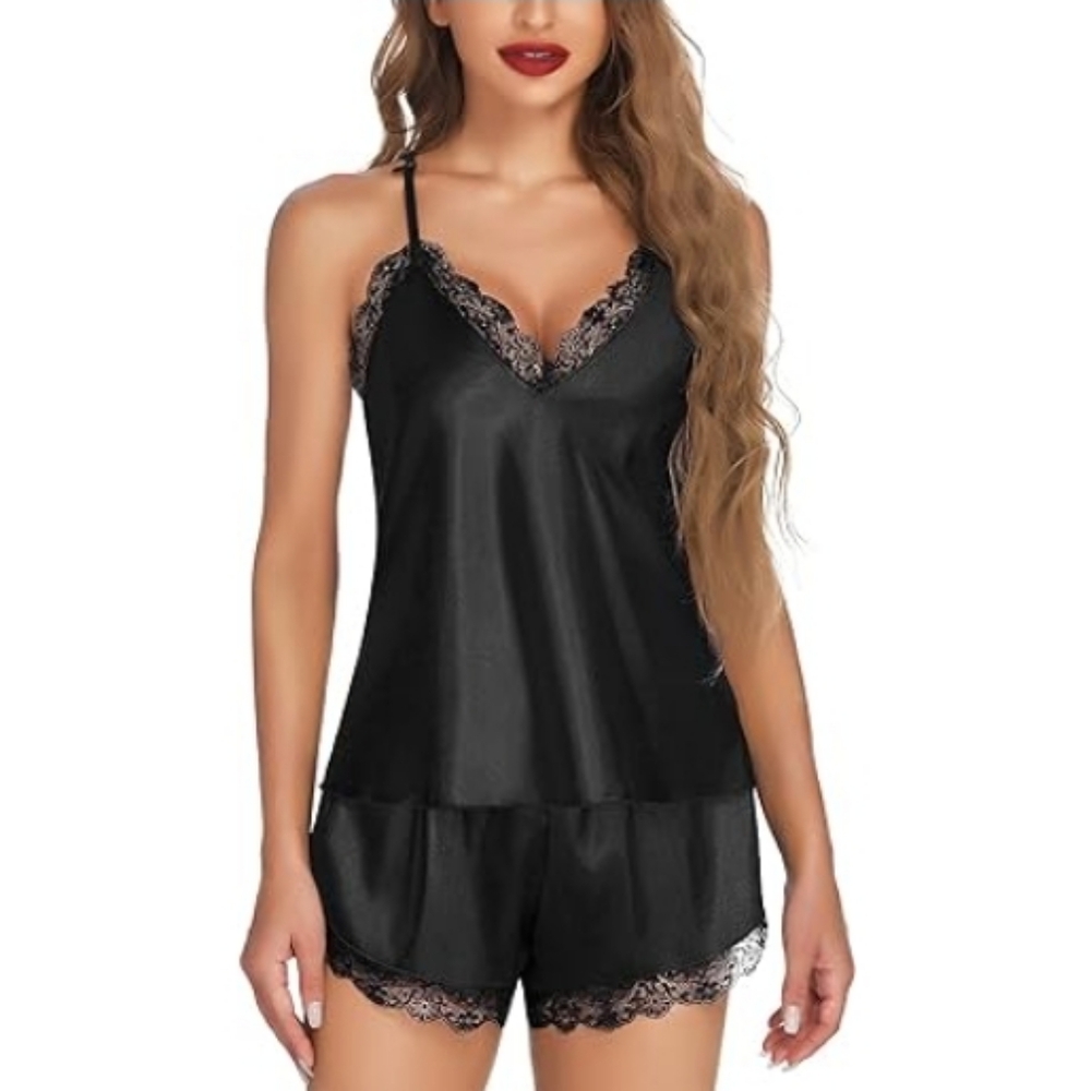 Nightwear Satin Pajamas Set Sleepwear Womens Sexy Lingerie Black